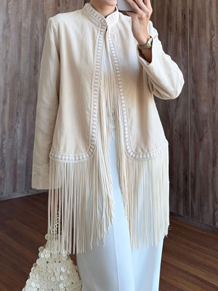 Tassel Fringe Trim - Женский кардиган с вышивкой, воротником-стойкой, длинными